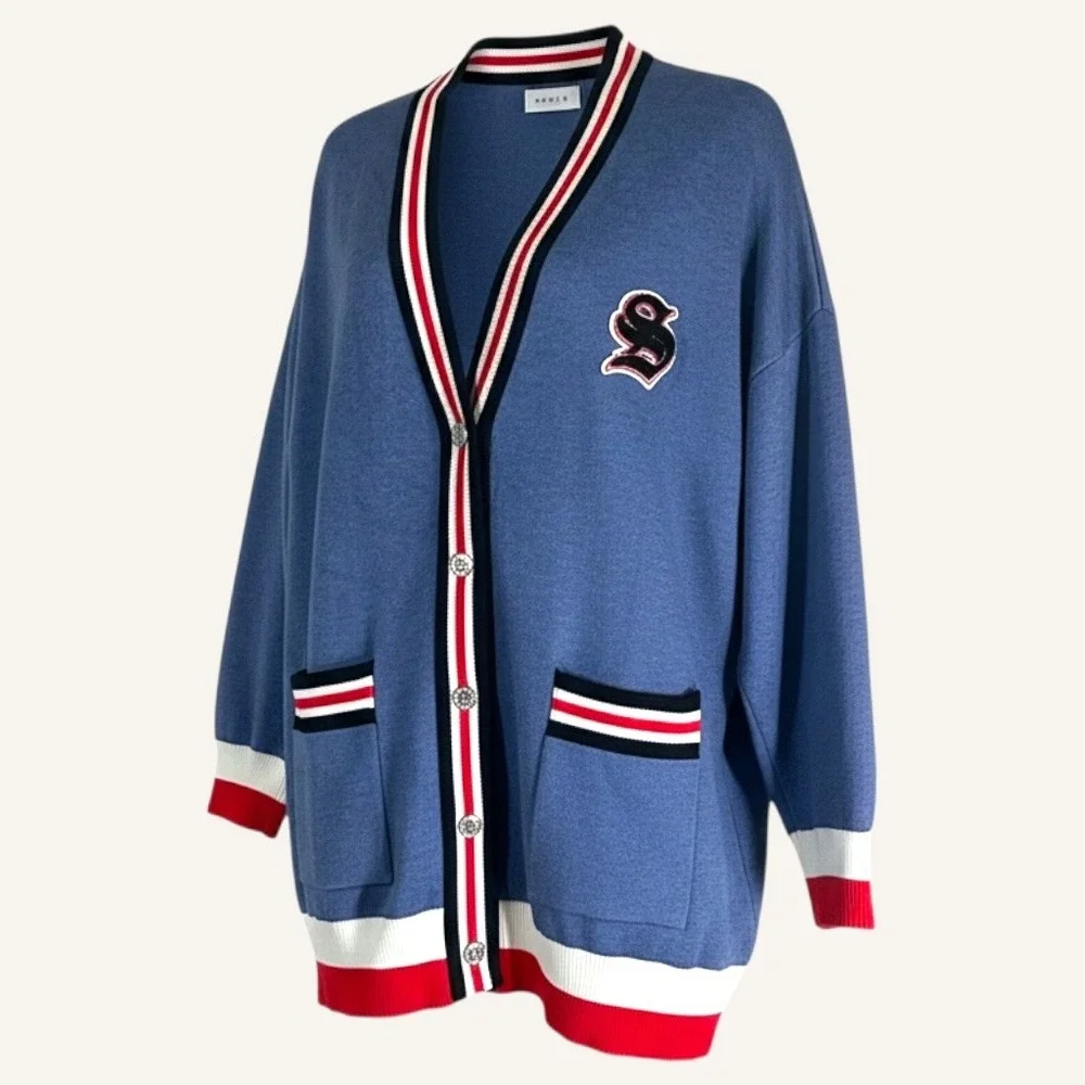 Sandro Blue Varsity Striped Oversized Knit Cardigan Sweater Sz S Preppy Academia - Picture 2 of 6